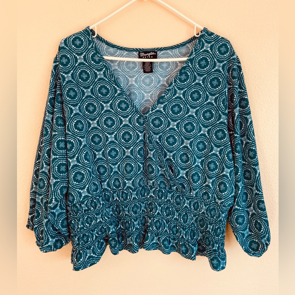 Women’s Wrangler Retro Green Patterned Blouse, Size Extra Large, Stretch